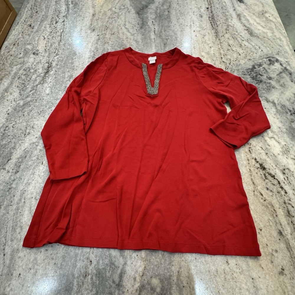 Chico's Size 3 XL (14/16) Red Tunic Shirt Beaded V Neck 3/4 Sleeve Holiday City